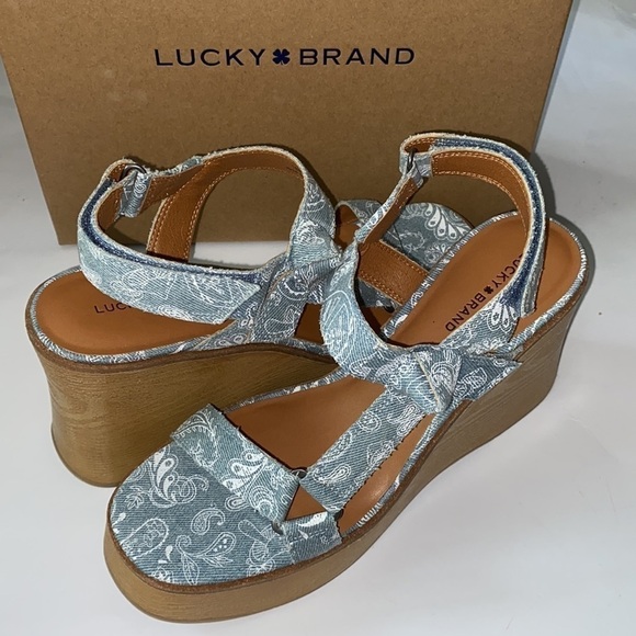 Lucky Brand sandals wedges Demmia acid denim hazy paisley NEW size 10 mushrooms - Picture 5 of 10